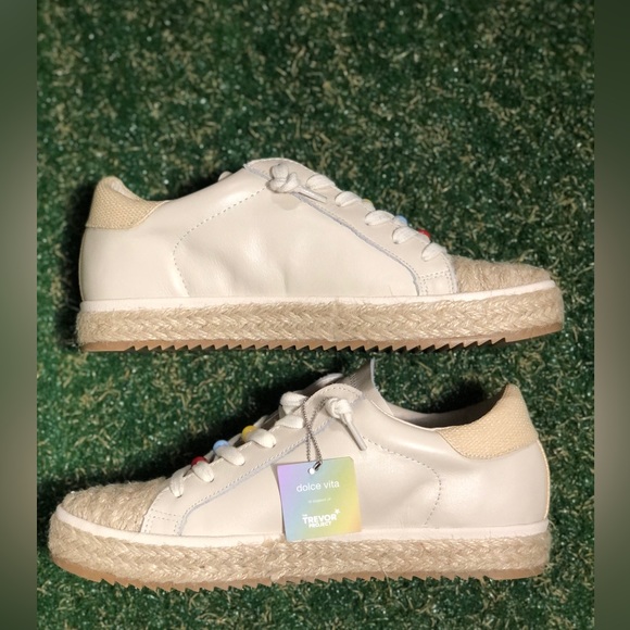 DOLCE VITA X TREVOR PROJECT Zoe Pride Ivory Beaded Raffia Leather Sneakers - Picture 8 of 13